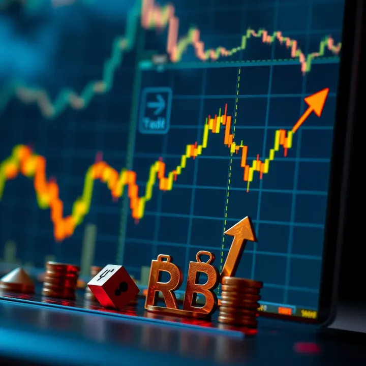 Graph showing upward and downward trends with trading icons representing binary options market activity in Pakistan
