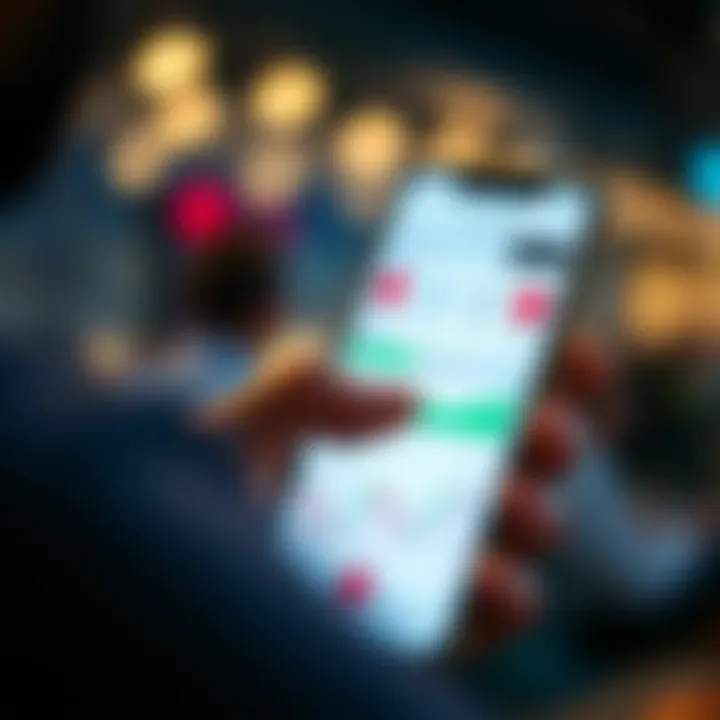 User interacting with a forex trading app interface on a smartphone showing currency charts and trading options