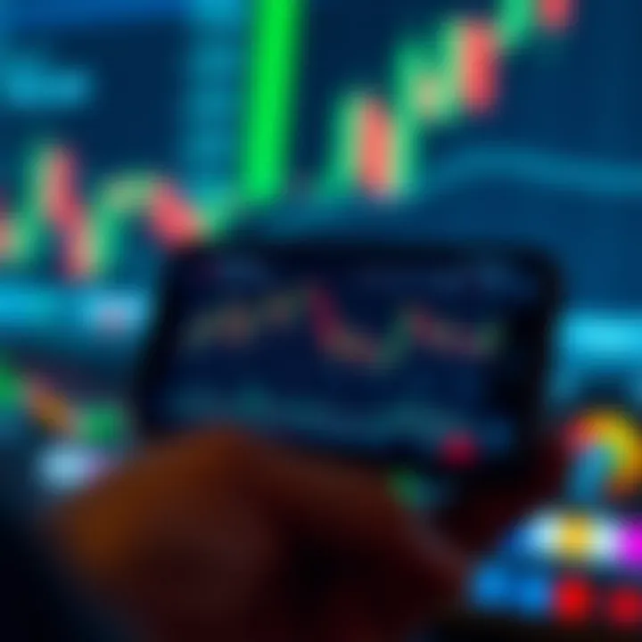 Mobile phone displaying a forex trading app interface with charts and currency pairs