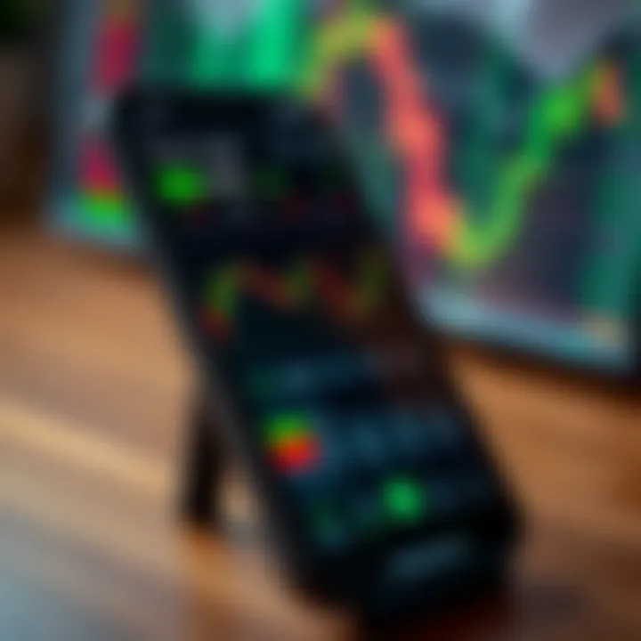 Mobile device displaying forex trading app interface with currency charts and trading options