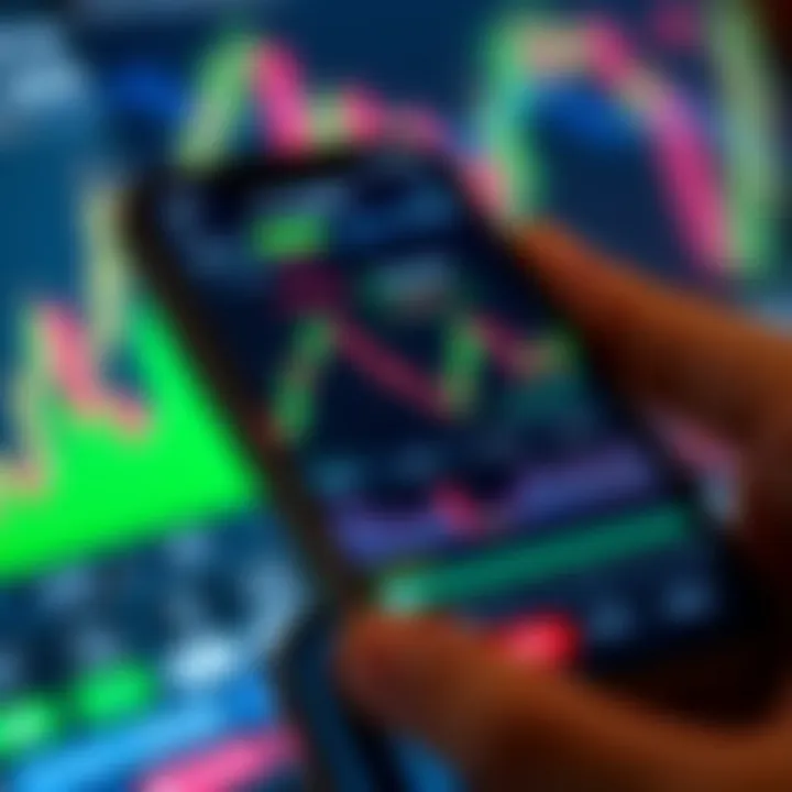 Mobile device displaying forex trading platform interface with charts and currency pairs