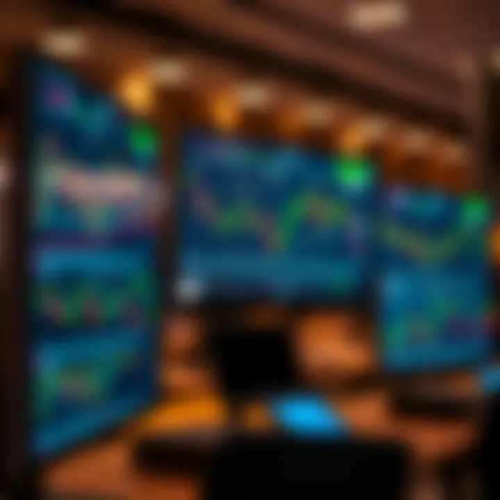 Detailed view of a forex trading platform interface showcasing currency pairs and market charts on multiple screens