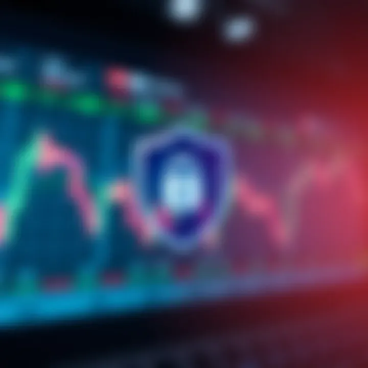 Security shield icon overlaying a digital background representing secure online stock transactions