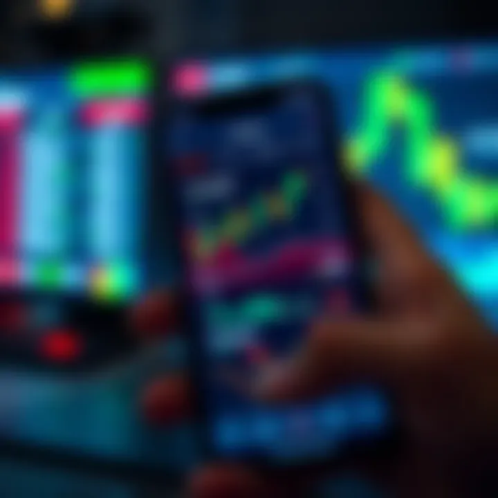 Mobile phone displaying a user-friendly trading app interface with stock charts and market trends