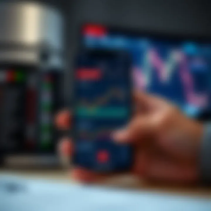 Mobile phone displaying a financial trading app interface with charts and market data