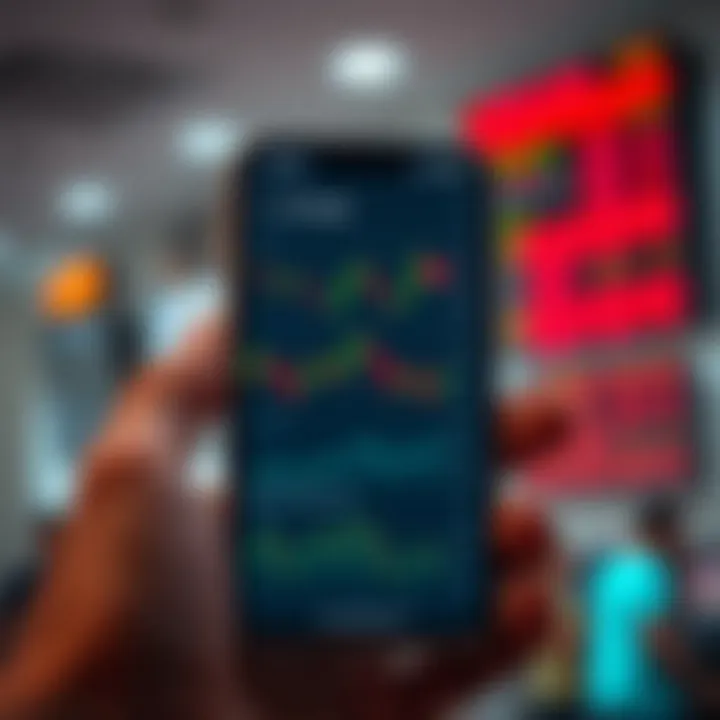 Mobile screen displaying a trading app interface with charts and market data