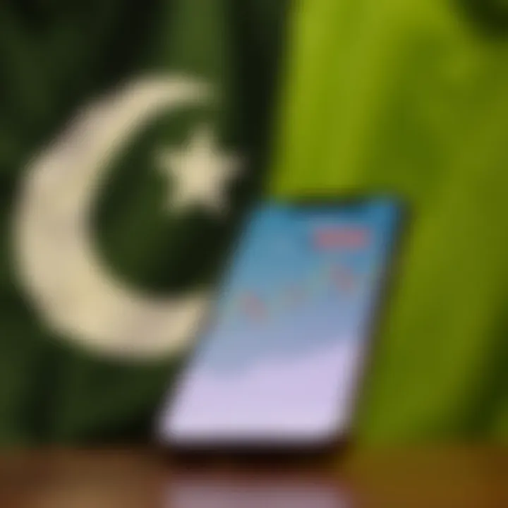 Illustration of mobile phone with financial graphs and Pakistan flag background
