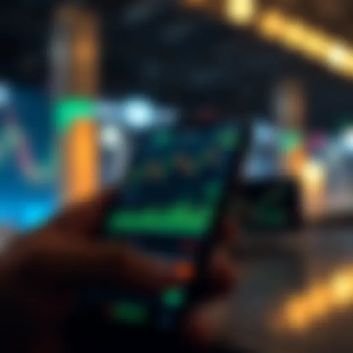 Mobile phone screen displaying cryptocurrency trading charts and real-time market data