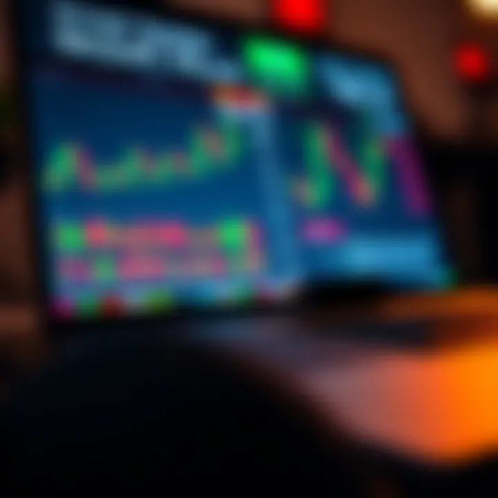 Digital interface showing binary trading charts and indicators on a laptop screen