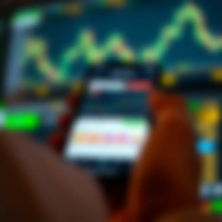 Mobile phone displaying a crypto trading app interface with charts and currency icons