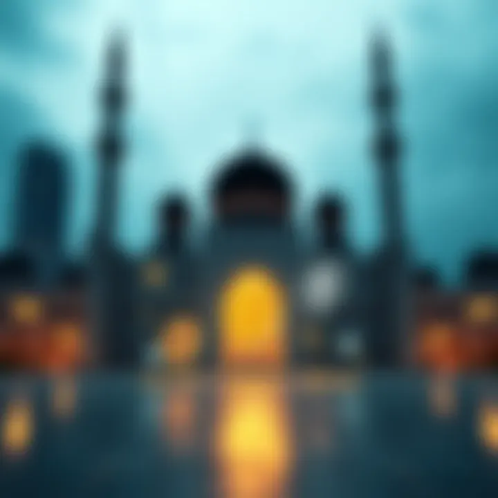 Graphic showing digital currency symbols connected with a mosque silhouette representing Islam and modern finance