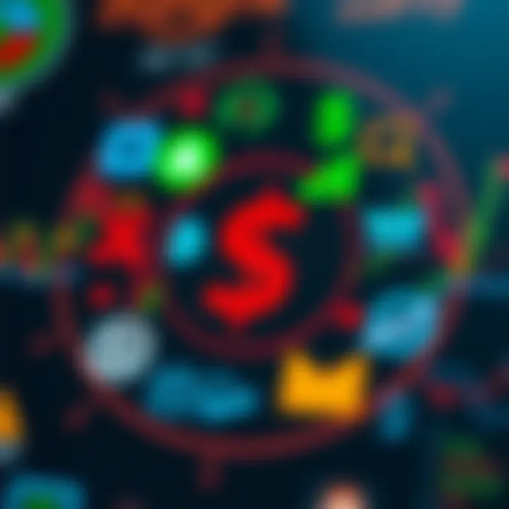 Abstract graphic showcasing various forex trading symbols and color schemes influencing trader psychology
