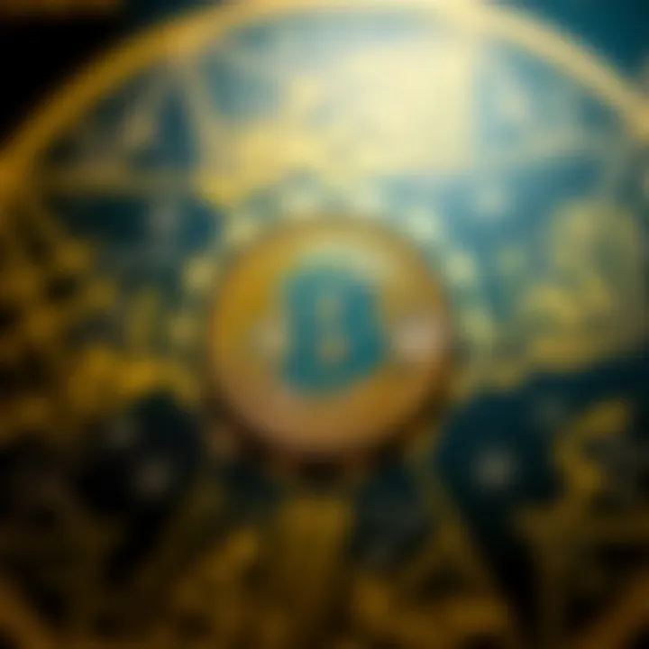 Digital currency symbols surrounded by Arabic calligraphy representing Islamic law