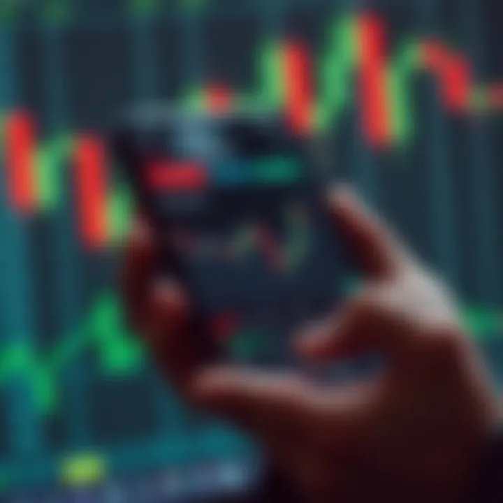 Mobile device displaying a forex trading app interface with charts and market data