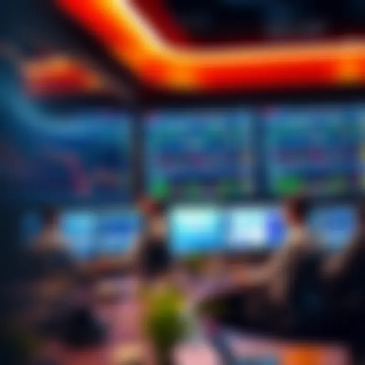 Traders analyzing currency charts on multiple computer screens in a modern trading room