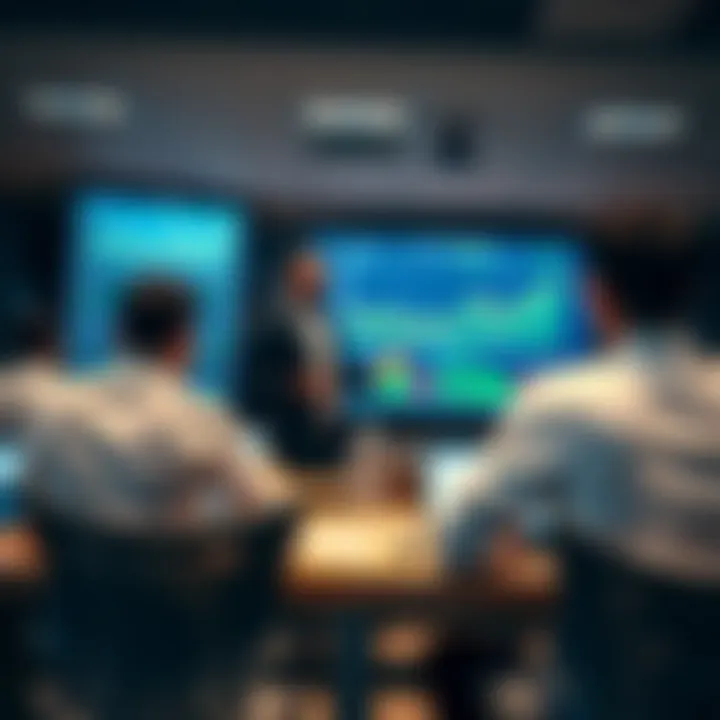 Instructor explaining forex market strategies with digital graphs in a classroom setup