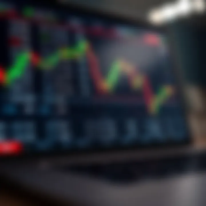 Digital chart showing currency exchange rates and a laptop with trading platform interface