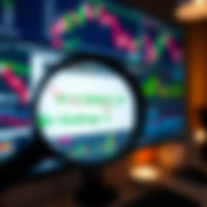 Illustration of a magnifying glass focusing on a computer screen displaying forex trading charts and broker ratings