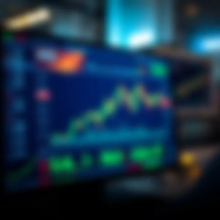 Graphic of a digital trading platform interface displaying market charts and trading options