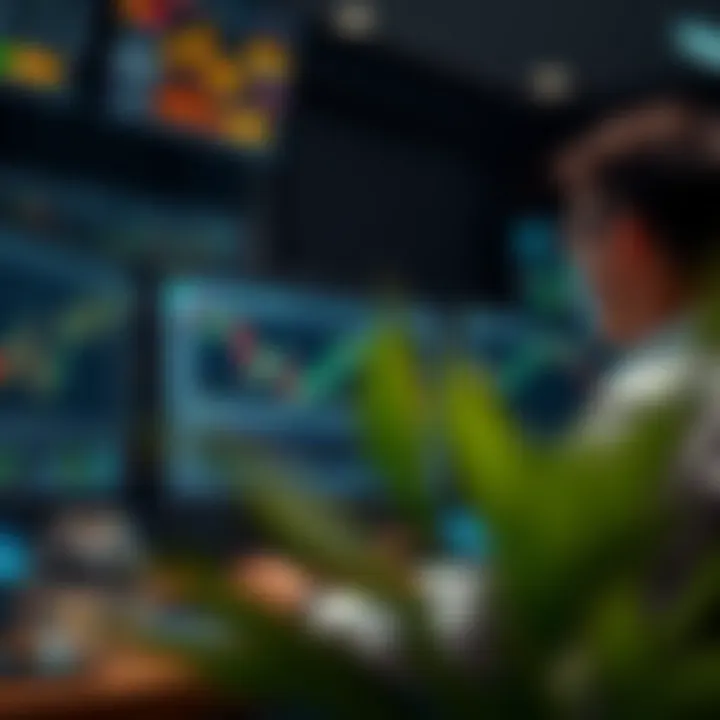Illustration of a forex trader analyzing market charts and financial news on multiple monitors
