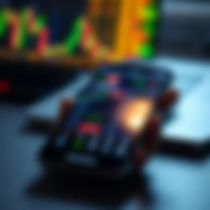 Smartphone displaying a trading app interface with stock charts and real-time market data