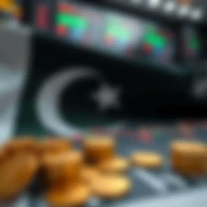 Illustration of Pakistani flag with forex currency symbols and financial graphs