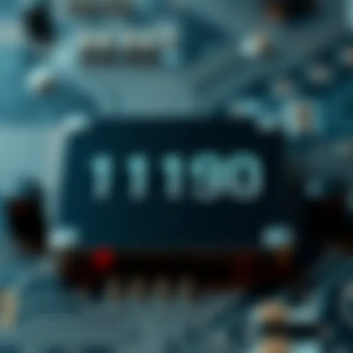 Illustration of digital circuit board with highlighted binary and hexadecimal symbols representing data encoding