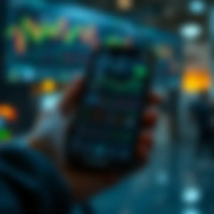 Smartphone screen showing a trading app interface with charts and trading options