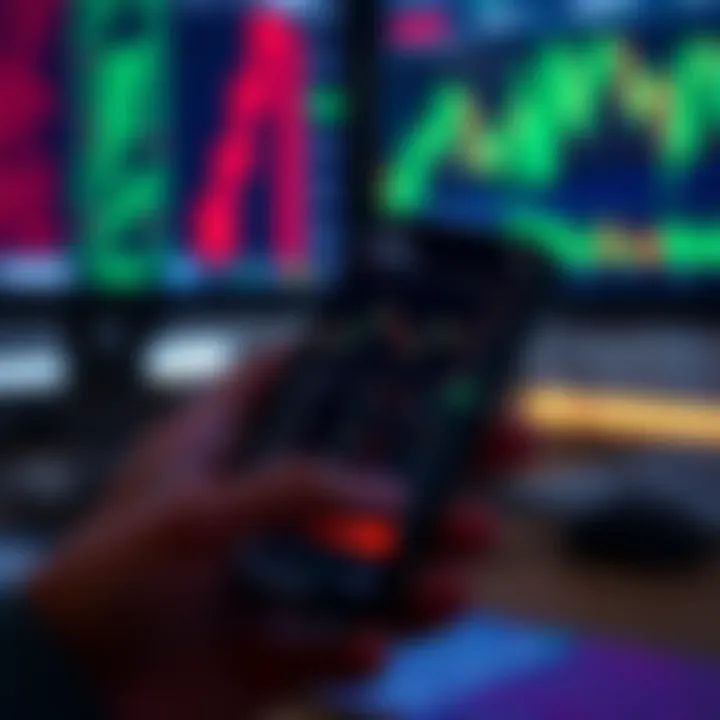 Mobile device displaying a trading app interface with charts and virtual currency options