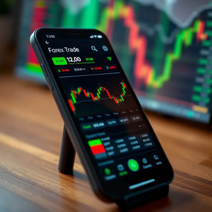 Mobile device displaying forex trading app interface with currency charts and trading options