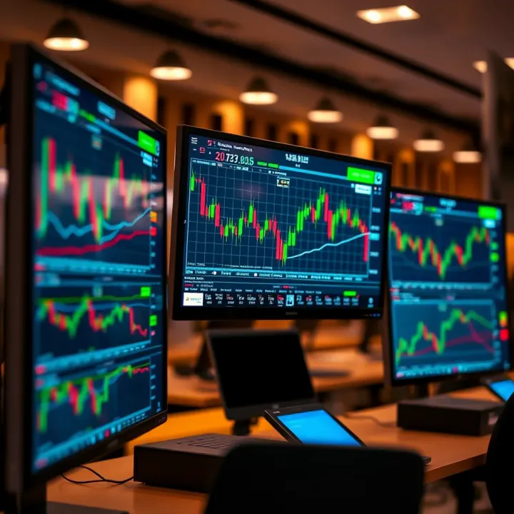Detailed view of a forex trading platform interface showcasing currency pairs and market charts on multiple screens