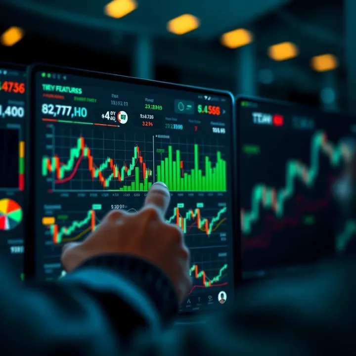 User navigating a stock trading app interface with charts and portfolio overview