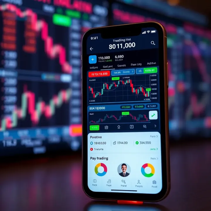Mobile phone displaying a trading application interface with charts and financial data