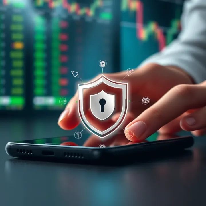 Secure digital shield overlay on smartphone symbolizing safety in online trading