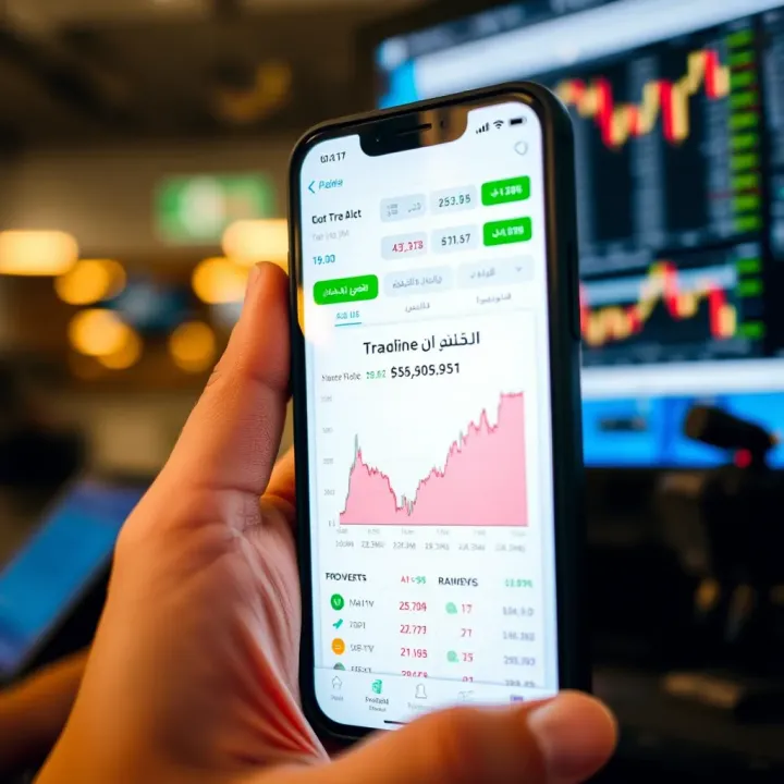 Mobile phone displaying a Pakistani trading app interface with charts and data