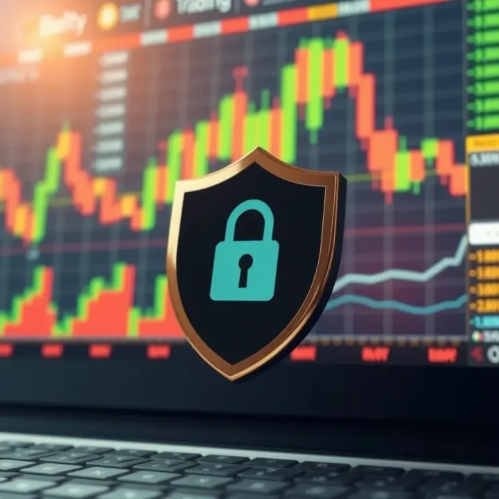 Conceptual graphic of security shield overlaying financial charts representing safe and regulated trading environment