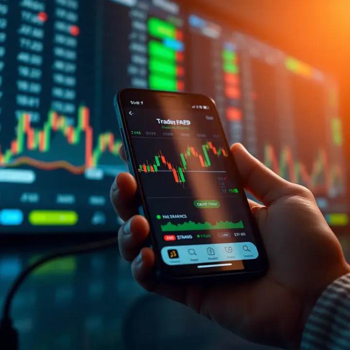 Smartphone displaying a financial trading app with charts and indicators
