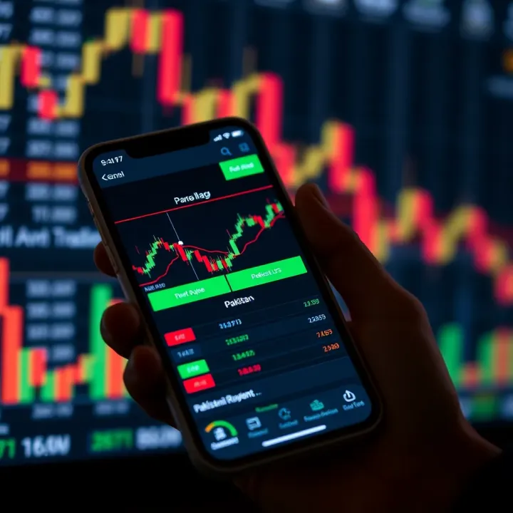 Smartphone displaying forex trading app interface with Pakistani rupee and currency charts