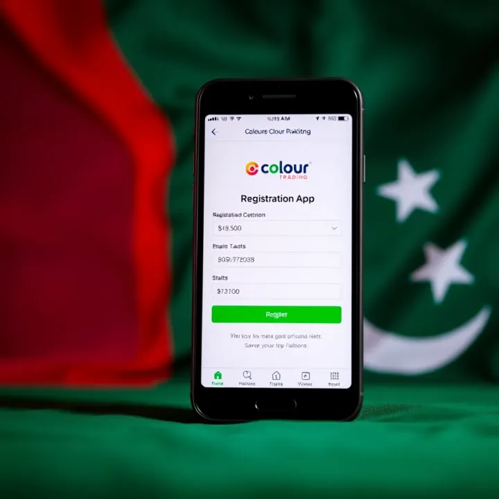 Mobile device displaying registration form of Colour Trading App with Pakistani flag background