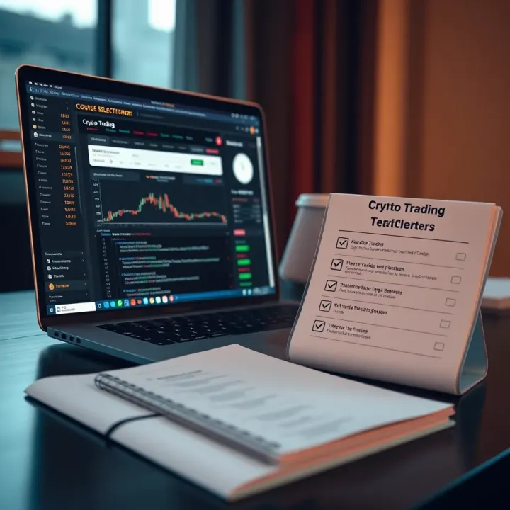 Graphic showing a laptop with crypto trading platform interface beside a checklist of course selection criteria