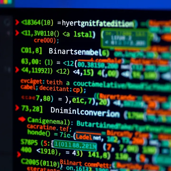 Screenshot of C++ code demonstrating binary to decimal conversion algorithm with comments and output