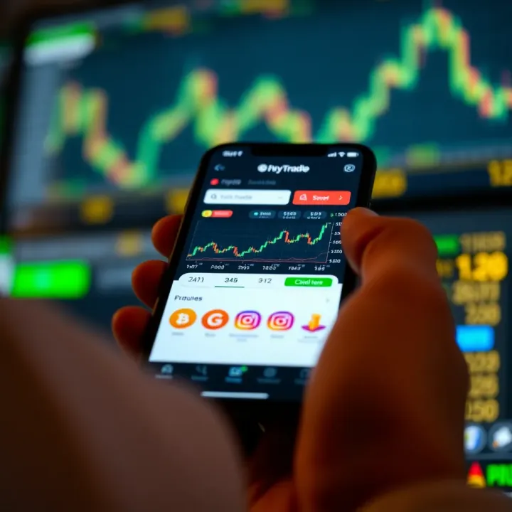Mobile phone displaying a crypto trading app interface with charts and currency icons