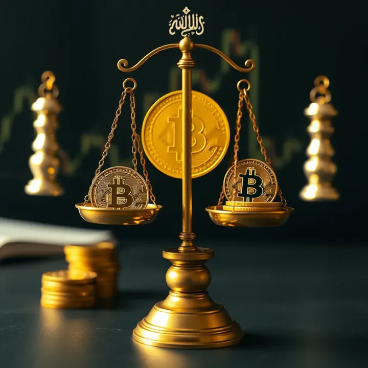 Islamic scales balancing cryptocurrency coins and traditional financial symbols