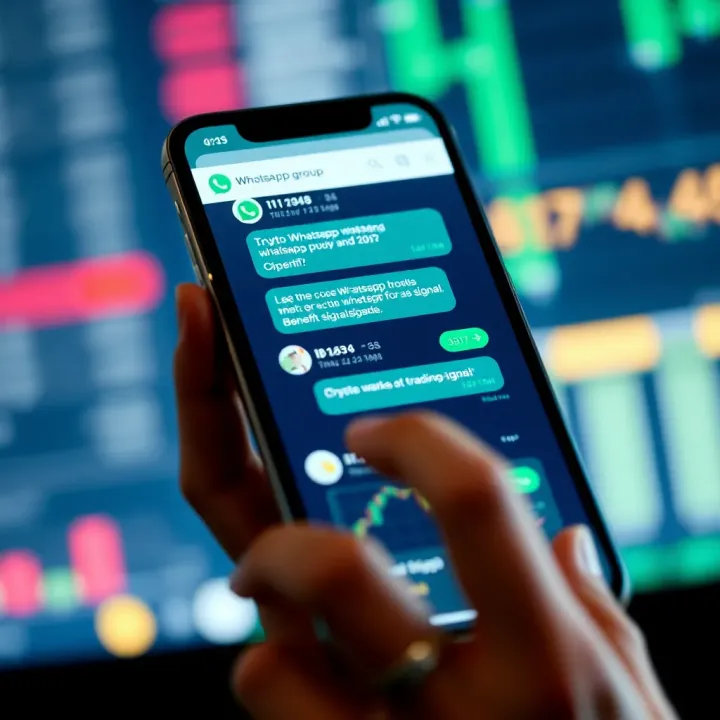 Digital smartphone screen displaying a lively crypto trading WhatsApp group chat with market charts and messages about trading signals