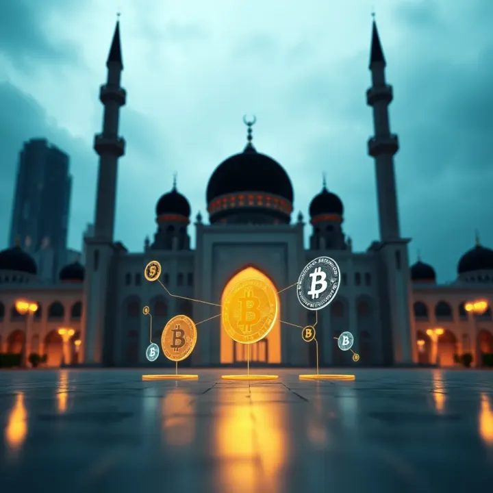 Graphic showing digital currency symbols connected with a mosque silhouette representing Islam and modern finance