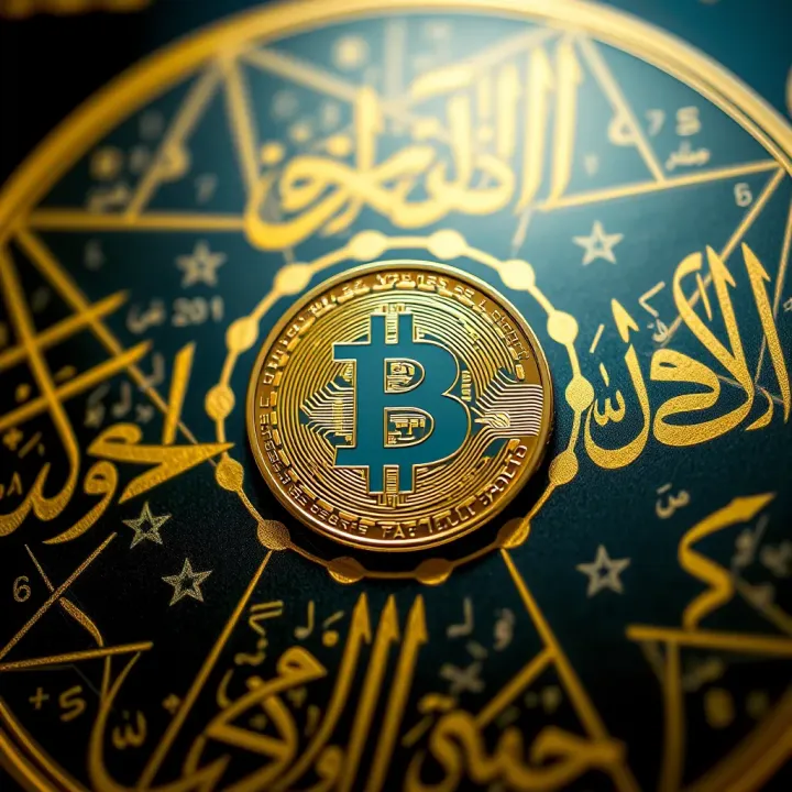 Digital Currency Within the Framework of Islamic Jurisprudence Digital currency symbols surrounded by Arabic calligraphy representing Islamic law