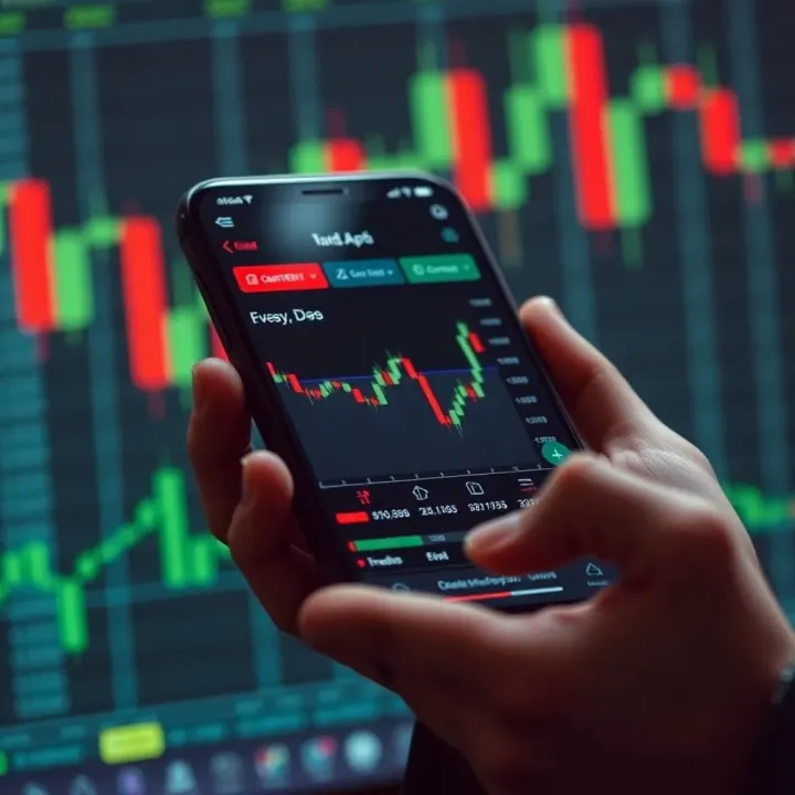 Mobile device displaying a forex trading app interface with charts and market data
