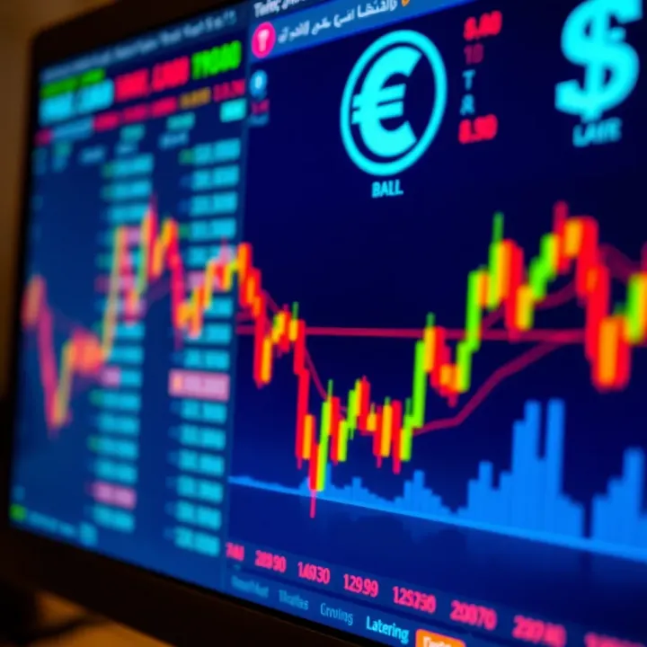 Forex trading charts and currency symbols on a computer screen