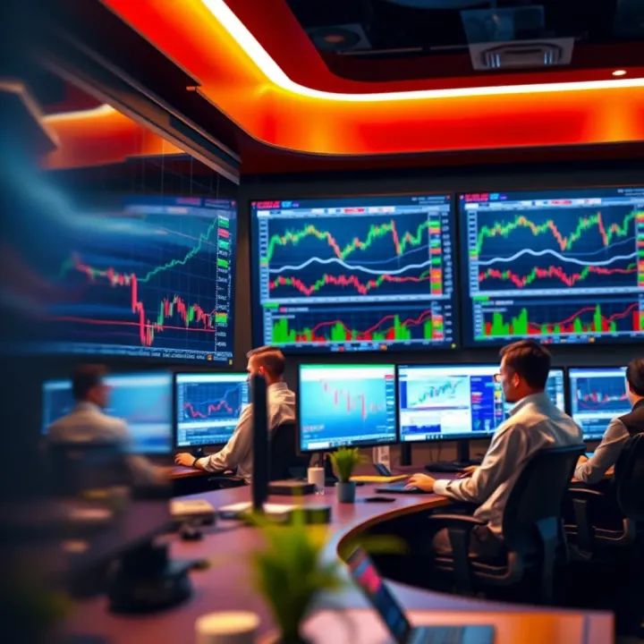Traders analyzing currency charts on multiple computer screens in a modern trading room