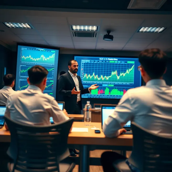 Instructor explaining forex market strategies with digital graphs in a classroom setup